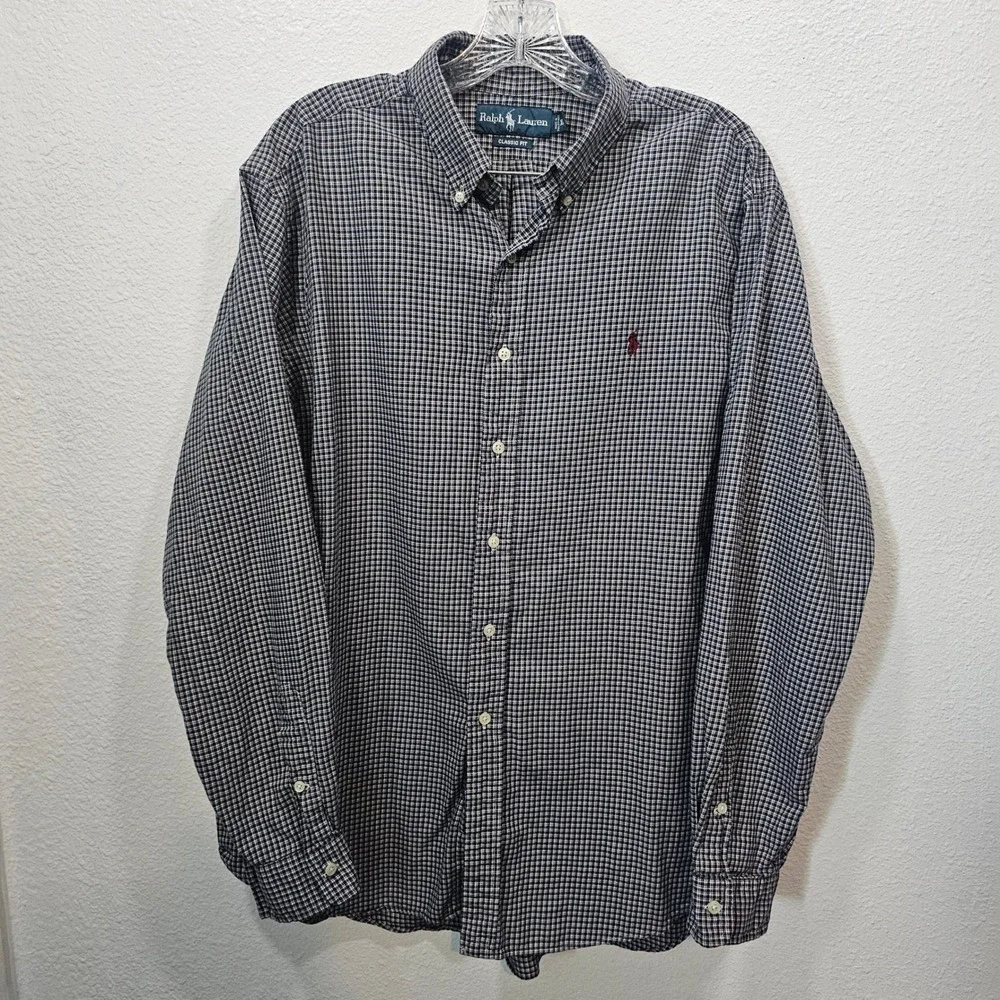 Ralph Lauren Mens XL‎ Classic Fit Shirt Navy Blue White Micro Check Long Sleeve